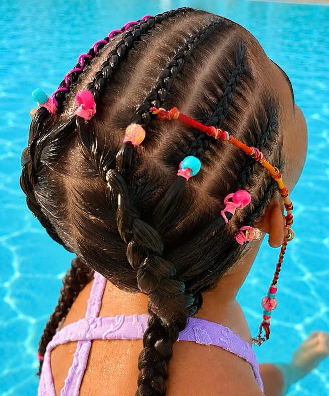 Back view of a young guest's cornrow braids finished with colorful beads and a wrapped strand beside a resort pool